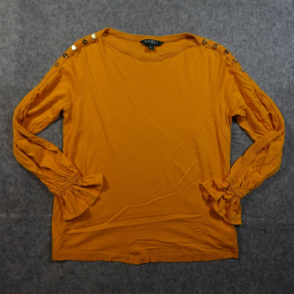 Ralph Lauren Top Womens Small Long Sleeve Ruffle Cuff Gold Button Crew Neck